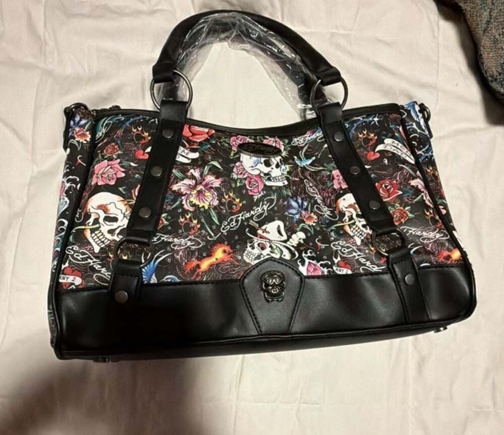 Ed Hardy Tattoo Skull and Rose Print Satchel Handbag
